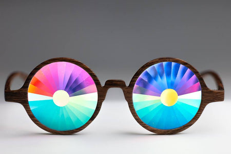 Intense Diamond Kaleidoscope Effect rainbow crystal lens Sunglasses Women Men Party Festival Bug Eye Portal Bamboo Round Glasses at SuperFried's Festival Accessories and Sunglasses Online store