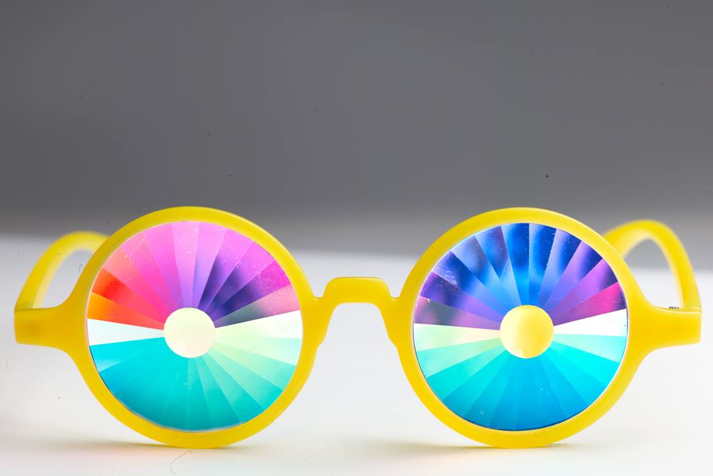 Intense Diamond Kaleidoscope Effect rainbow crystal lens Sunglasses Women Men Party Festival Glow Bug Eye Poral Yellow Frame Glasses at SuperFried's Festival Accessories and Sunglasses Online store