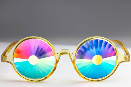 Intense Diamond Kaleidoscope Effect rainbow crystal lens Sunglasses Women Men Party Festival Bug Eye Portal Glow Yellow Glasses at SuperFried's Festival Accessories and Sunglasses Online store