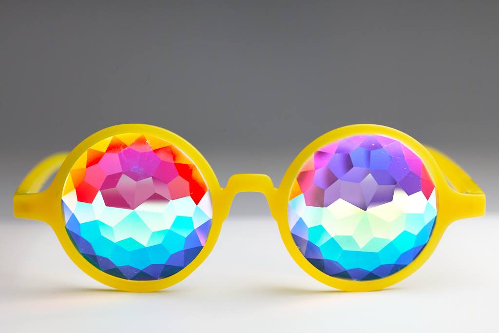 Intense Diamond Kaleidoscope Effect rainbow crystal lens Sunglasses Women Men Party Festival Bug Eye Portal Bamboo Round Glasses at SuperFried's Festival Accessories and Sunglasses Online store