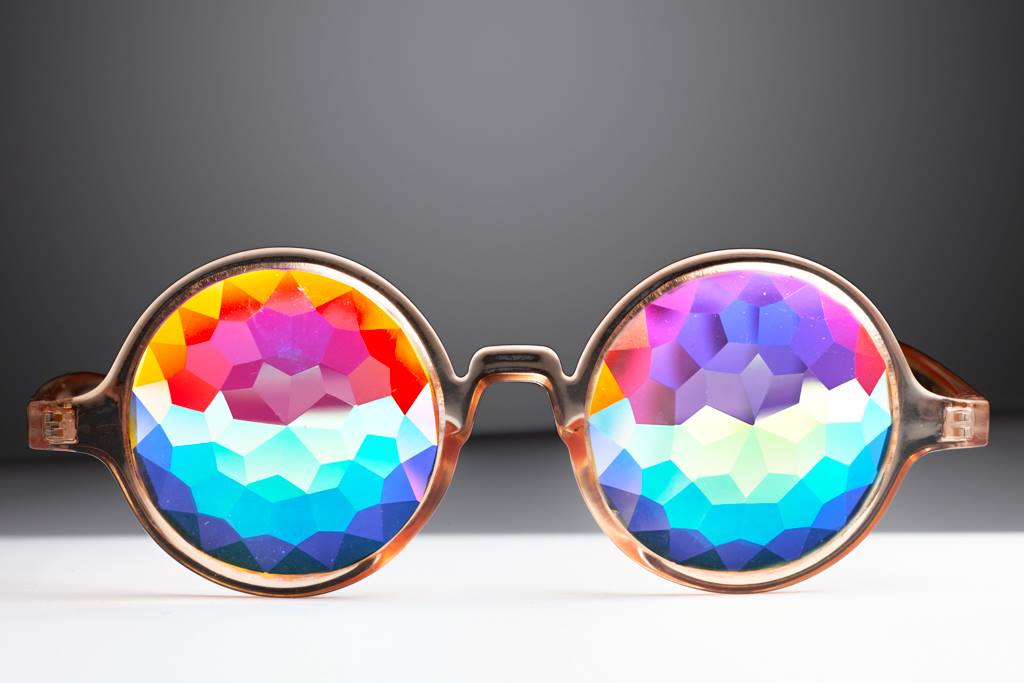 Intense Diamond Kaleidoscope Effect rainbow crystal lens Sunglasses Women Men Party Festival Glow Bug Eye Poral Marble  Helvetica Glasses at SuperFried's Festival Accessories and Sunglasses Online store