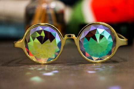 Intense Diamond Kaleidoscope Effect rainbow crystal lens Sunglasses Women Men Party Festival Limited Edition Gold Frame Round Glasses at SuperFried's Festival Accessories and Sunglasses Online store