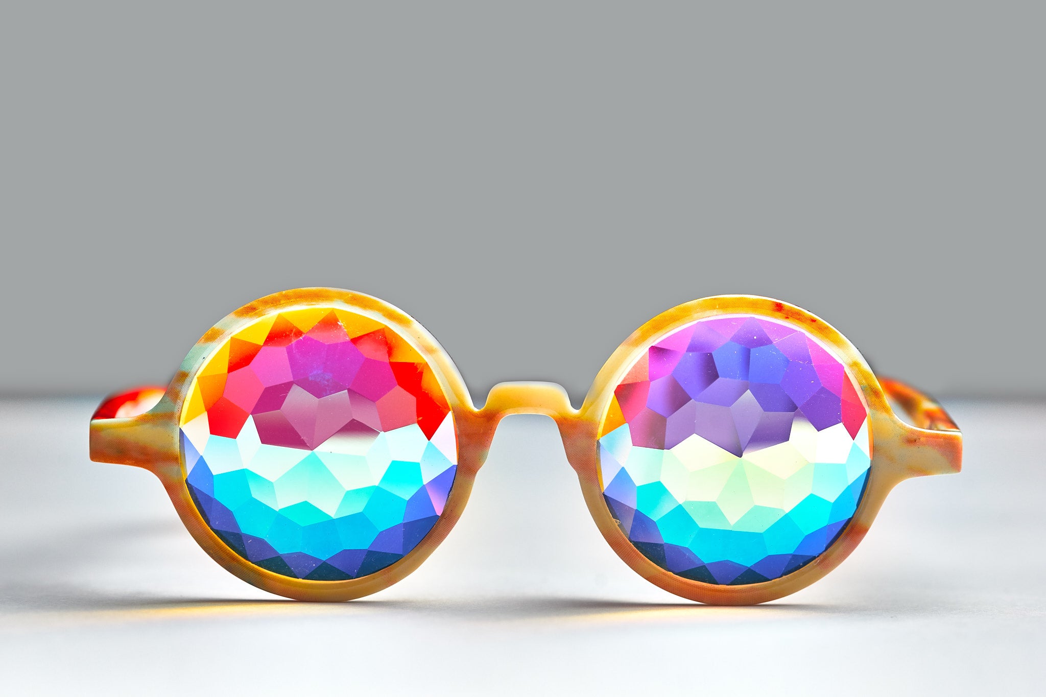 Intense Diamond Kaleidoscope Effect rainbow crystal lens Sunglasses Women Men Party Festival Orange Marble Round Glasses at SuperFried's Festival Accessories and Sunglasses Online store