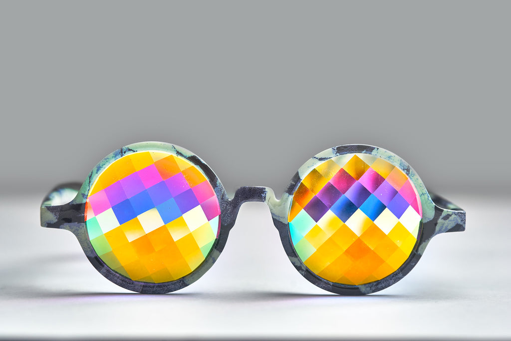 Intense Diamond Kaleidoscope Effect rainbow crystal lens Sunglasses Women Men Party Festival Glow Bug Eye Poral Marble  Helvetica Glasses at SuperFried's Festival Accessories and Sunglasses Online store