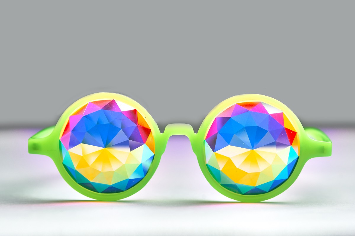 Intense Diamond Kaleidoscope Effect rainbow crystal lens Sunglasses Women Men Party Festival Pinhole Portal  Green Glow Glasses at SuperFried's Festival Accessories and Sunglasses Online store