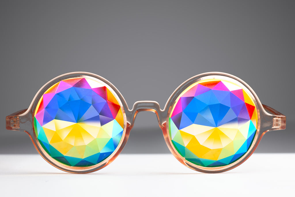 Intense Diamond Kaleidoscope Effect rainbow crystal lens Sunglasses Women Men Party Festival Bug Eye Portal Bamboo Round Glasses at SuperFried's Festival Accessories and Sunglasses Online store