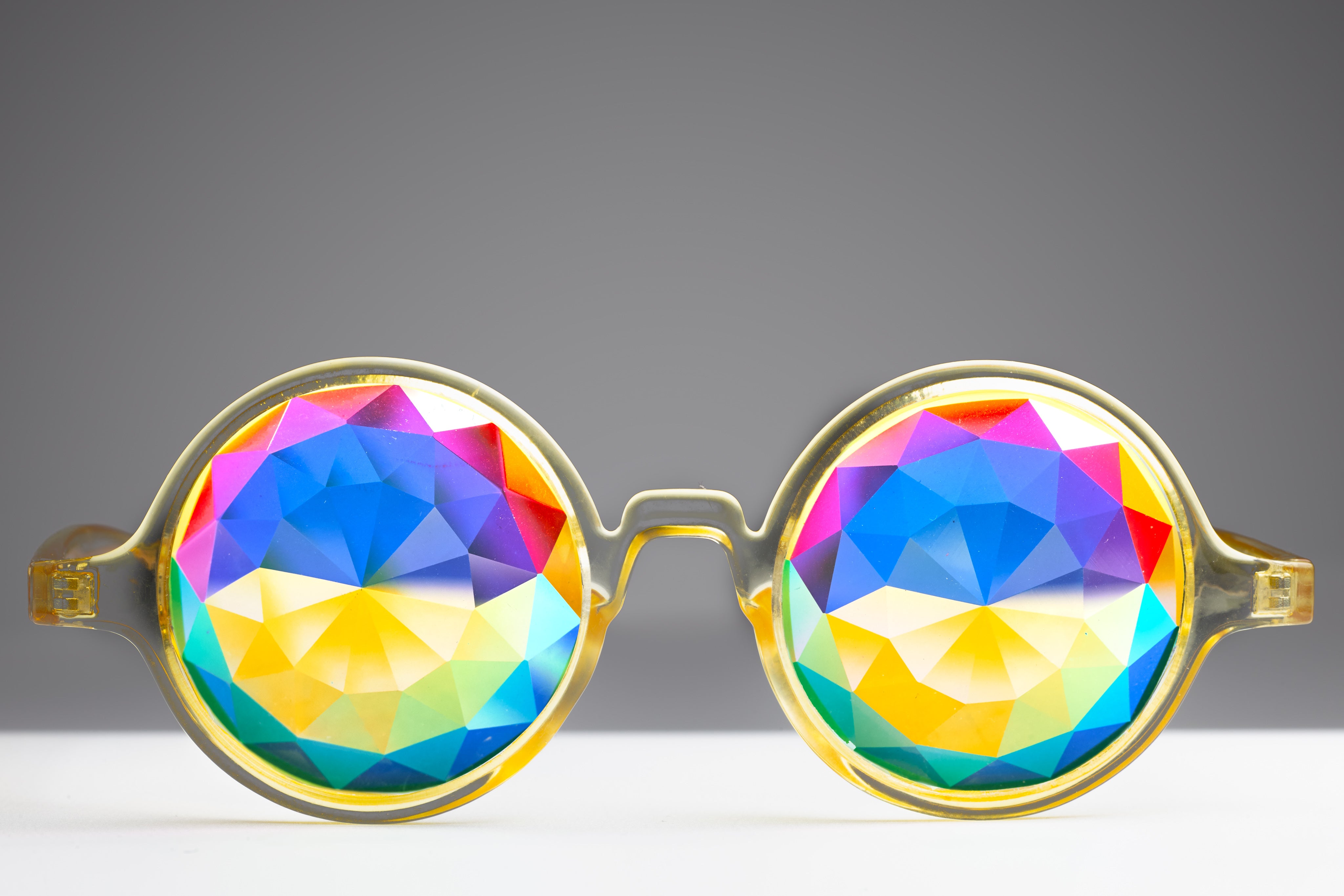 Intense Diamond Kaleidoscope Effect rainbow crystal lens Sunglasses Women Men Party Festival Bug Eye Portal Transparent Yellow Glasses at SuperFried's Festival Accessories and Sunglasses Online store