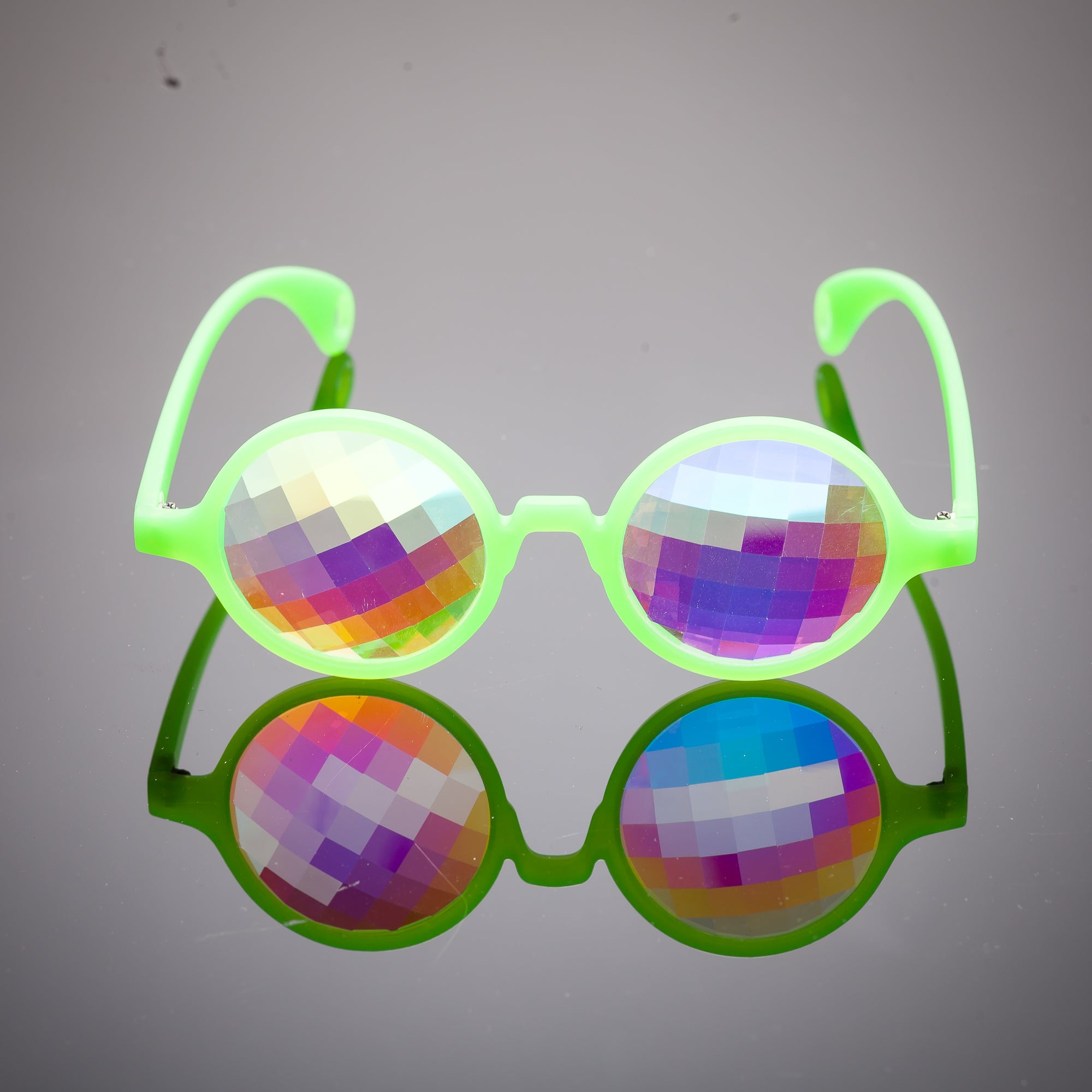 Intense Diamond Kaleidoscope Effect rainbow crystal lens Sunglasses Women Men Party Festival Bug Eye Portal Glow Green Round Glasses at SuperFried's Festival Accessories and Sunglasses Online store