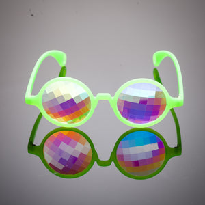 Intense Diamond Kaleidoscope Effect rainbow crystal lens Sunglasses Women Men Party Festival Bug Eye Portal Glow Green Round Glasses at SuperFried's Festival Accessories and Sunglasses Online store