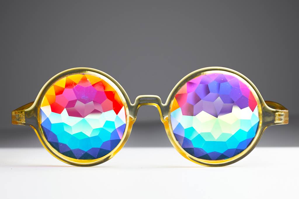 Intense Diamond Kaleidoscope Effect rainbow crystal lens Sunglasses Women Men Party Festival Transparent Bug Eye Portal Glow Green Round Glasses at SuperFried's Festival Accessories and Sunglasses Online store