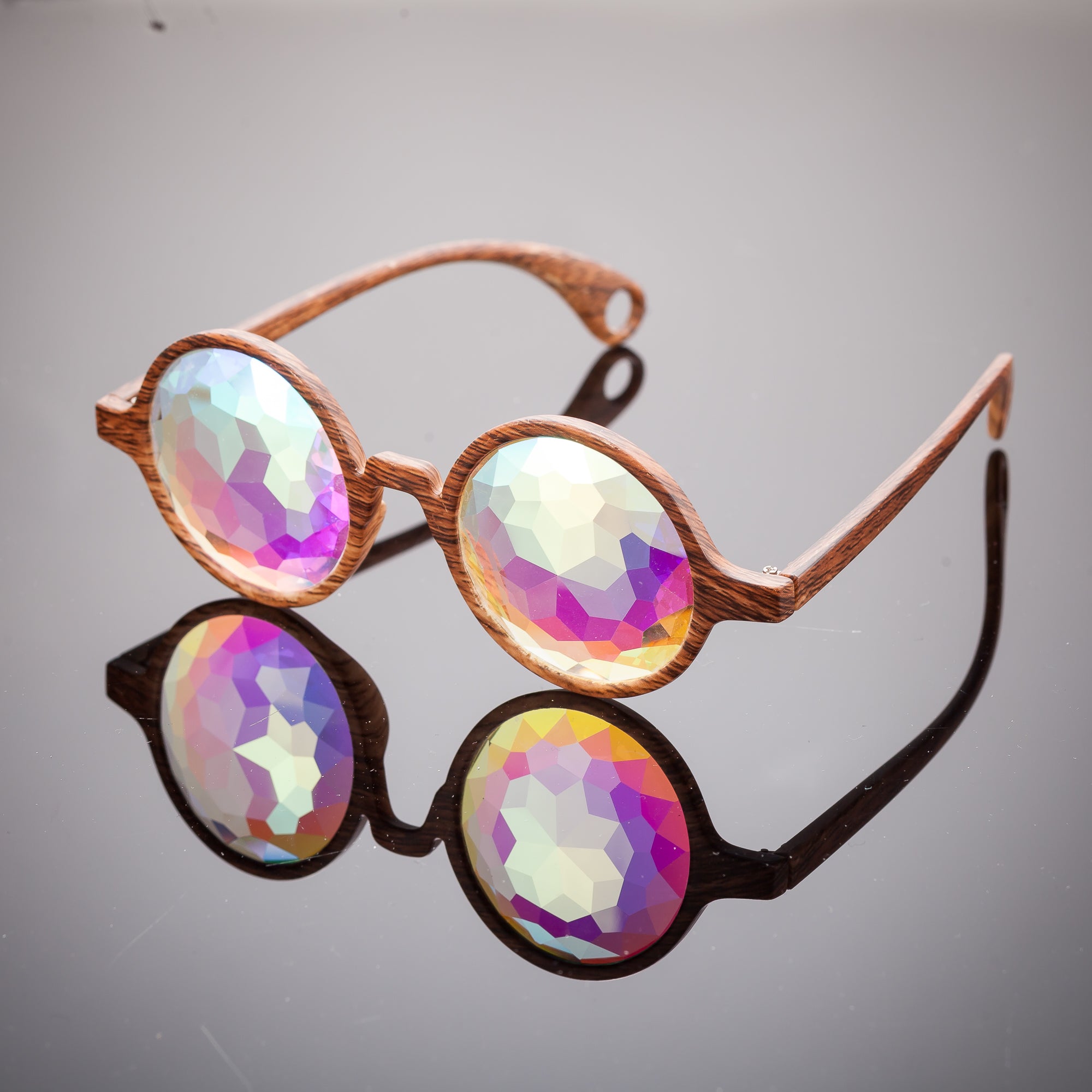 Intense Diamond Kaleidoscope Effect rainbow crystal lens Sunglasses Women Men Party Festival Bug Eye Portal Wood Round Glasses at SuperFried's Festival Accessories and Sunglasses Online store